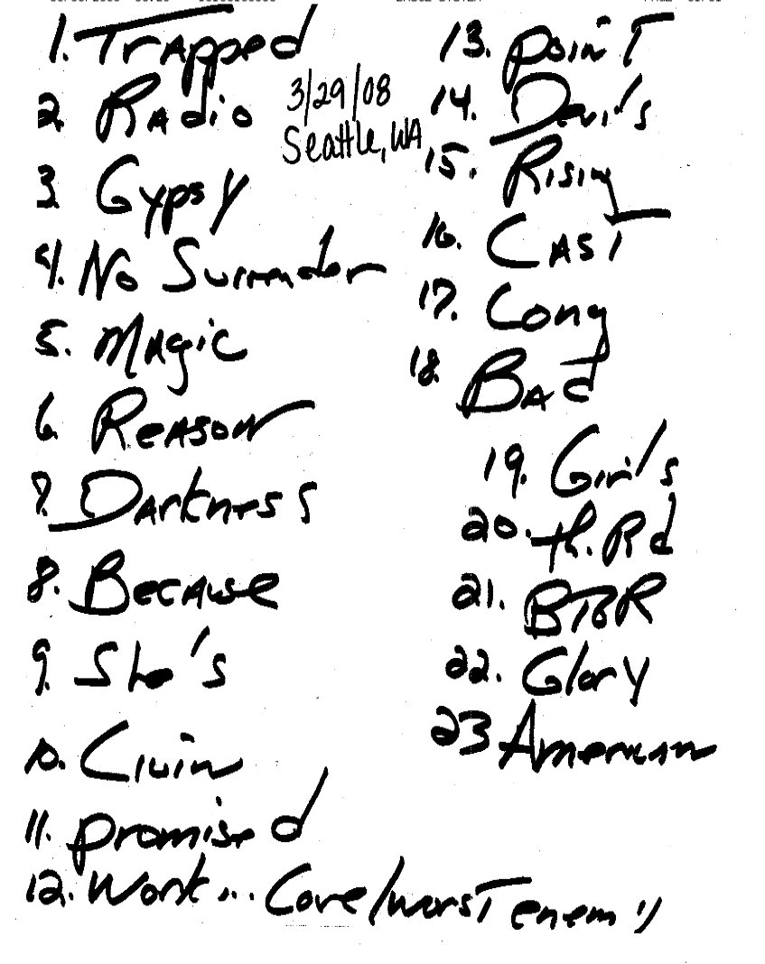 2008-03-29 Seattle Key Arena handwritten Bruce Springsteen Setlist